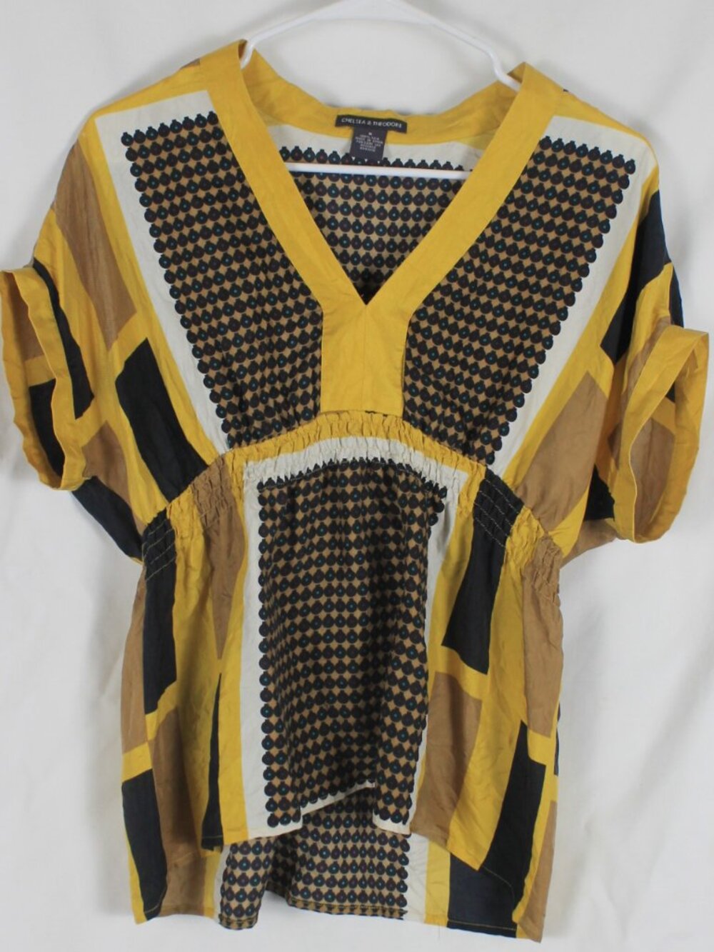 Chelsea & Theodore Mustard Yellow & Black 100% Silk Babydoll Blouse Woman Size 8